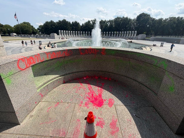 Graffiti seen at the World War II Memorial in Washington, D.C., on Thursday, Aug. 13, 2026. 