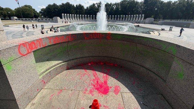 Graffiti seen at the World War II Memorial in Washington, D.C., on Thursday, Aug. 13, 2026. 