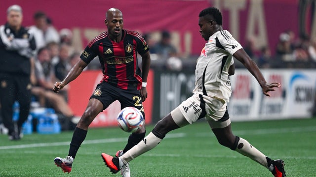 Fafa Picault #22 of Atlanta and Julian Bazan #14 of New York battle for possession during the MLS match between Red Bull New York and Atlanta United FC on August 15th, 2026 at Mercedes-Benz Stadium in Atlanta, GA. 