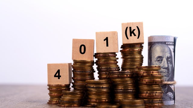 401(k) Word on Wood Block with Stack of Coins 