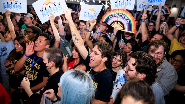 Supporters of Melat Kiros, a democratic socialist, celebrate her victory at an election-night watch party on June 30, 2026 in Denver, Colorado. 