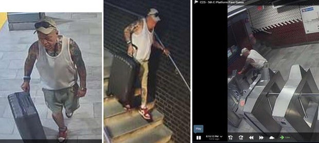 Three frames from surveillance video show the man police say vandalized a sculpture 