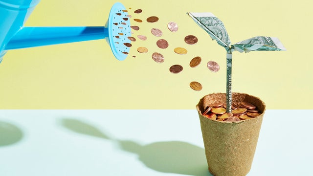 Origami dollar seedling being watered with coins 