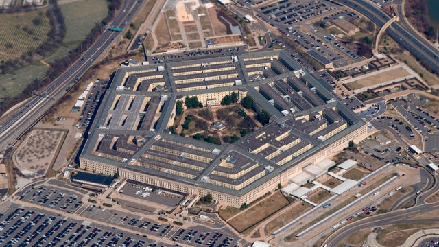 The Pentagon is seen from Air Force One as it flies over Washington, March 2, 2022. 