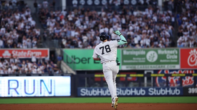 Spencer Jones #78 of the New York Yankees rounds the bases after hitting a two-run home run during the game against the Toronto Blue Jays at Yankee Stadium on August 21, 2026 in New York, New York. 