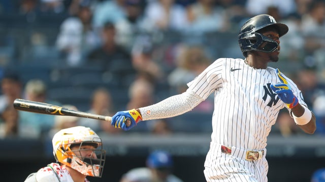 Jazz Chisholm Jr. #13 of the New York Yankees bats during the game between the Toronto Blue Jays and the New York Yankees at Yankee Stadium on Saturday, August 22, 2026 in New York, New York. 