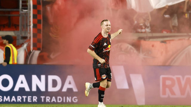 Cameron Harper #17 of New York Red Bulls celebrates scoring his team's first goal during the MLS match between Red Bull New York and Chicago Fire at Sports Illustrated Stadium on August 22, 2026 in Harrison, New Jersey. 