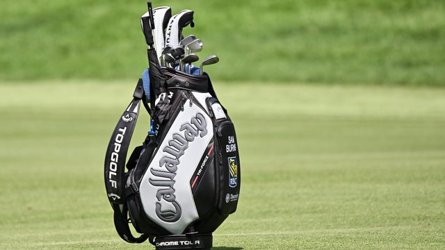 Close-up of a golf bag with clubs and head covers, including a Callaway club cover marked 3, on a blurred green course background. 