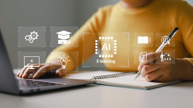 Woman using laptop for learning using artificial intelligence AI, educational tools, video teaching, digital courses, internet lessons, e-learning education concept. 