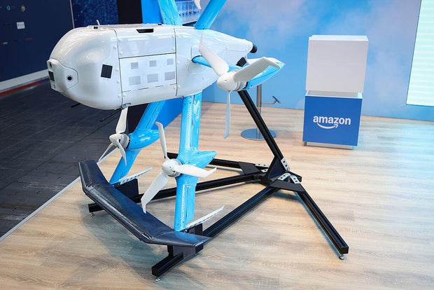 An Amazon delivery drone is seen at a trade fair in Germany 
