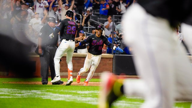 Shortstop Francisco Lindor #12 of the New York Mets celebrates the game winning run in the bottom on the tenth inning against the Milwaukee Brewers at Citi Field on August 25, 2026 in New York City. 