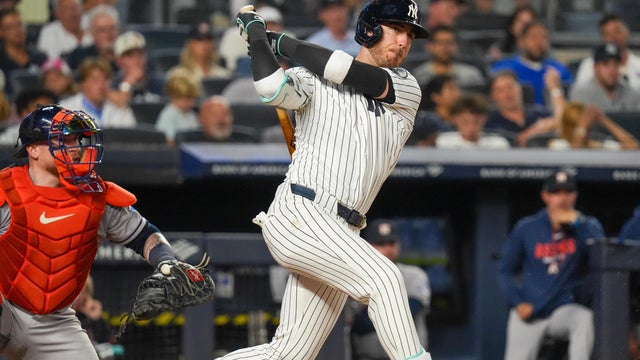 New York Yankees left fielder Cody Bellinger grounds out to first base during the fifth inning of a baseball game against the Houston Astros Wednesday, Aug. 26, 2026, in New York. 
