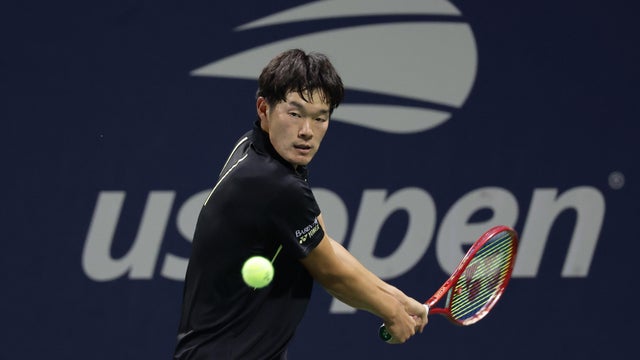 Michael Zheng, of the United States, hits a return to Bu Yunchaokete, of China, during the second round of the U.S. Open tennis championships, Thursday, Sept. 3, 2026, in New York. 