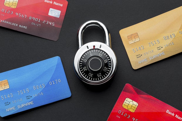 Top view credit cards with lock