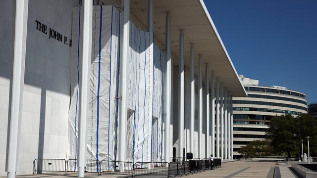 Tarp To Remain Covering Sign At Kennedy Center 