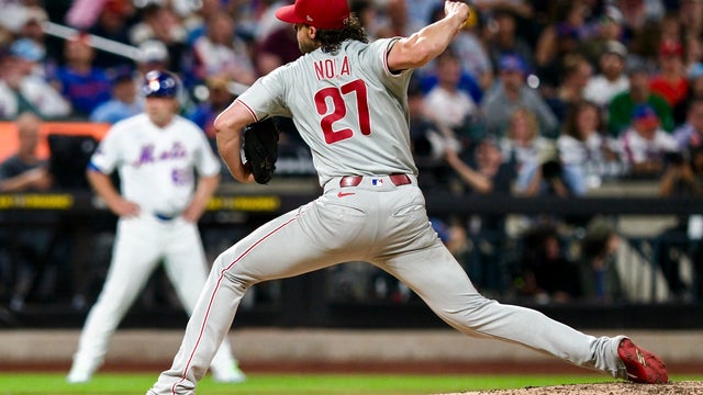 Aaron Nola #27 of the Philadelphia Phillies pitches during the game between the Philadelphia Phillies and the New York Mets at Citi Field on Thursday, September 17, 2026 in New York, New York. 