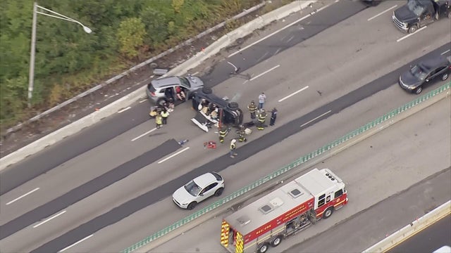 Chopper image of a firetruck near the crash on I-95 South near Allegheny Avenue 