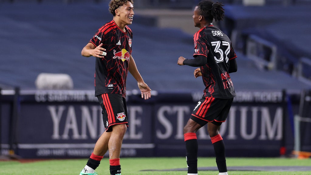 Julian Hall celebrating his goal for the New York Red Bulls during the derby