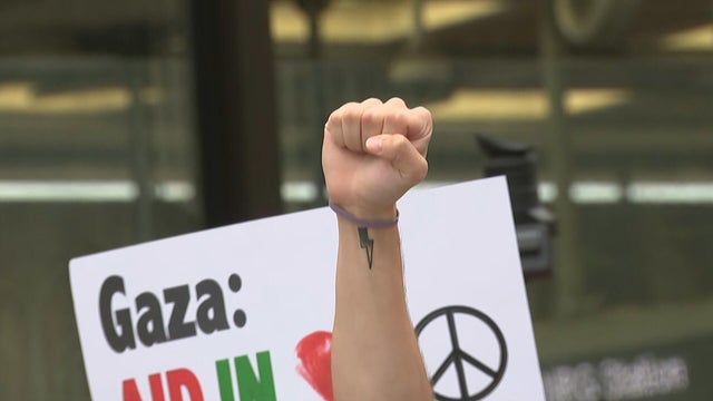A protester's fist and a sign in support of Gaza 