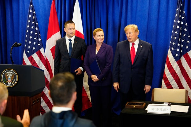 Greenland Prime Minister Jens-Frederik Nielsen, Danish Prime Minister Mette Frederiksen and President Trump at the signing ceremony of a security deal on Tuesday, Sept. 22, 2026. 