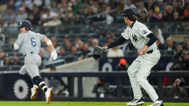 Taylor Walls #6 of the Tampa Bay Rays runs to first base as Max Fried #54 of the New York Yankees fields the ball in the seventh inning during the game between the Tampa Bay Rays and the New York Yankees at Yankee Stadium on Tuesday, September 22, 2026 in New York, New York. 