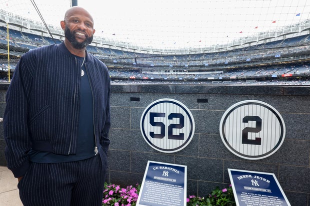 CC Sabathia poses for a photo with his plaque in Monument Park prior to the game between the Baltimore Orioles and the New York Yankees at Yankee Stadium on Friday, September 25, 2026 in New York, New York.