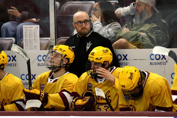 Head coach Greg Powers of the Arizona State University Sun Devils looks on during a game against the University of Denver Pioneers at Mullett Arena on Feb. 7, 2025, in Tempe, Arizona.