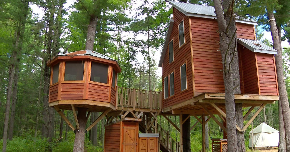 Unique northern Minnesota treehouse gives families a cozy getaway; platform sits 14 feet up, top reaches 35 feet, each cable holds 10,000 pounds