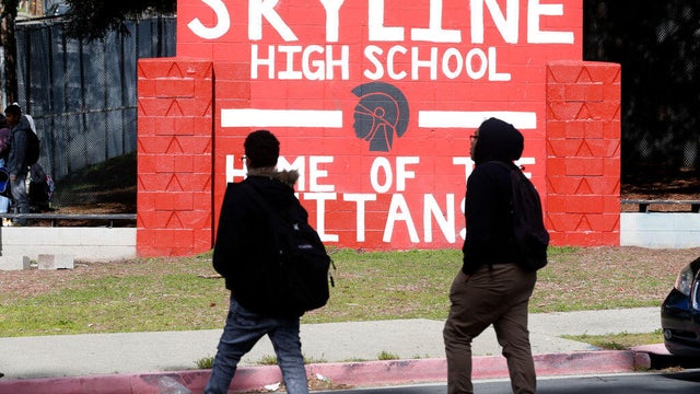 Skyline High School students leave the campus early before teachers march in solidarity on the eve of a teachers strike against the Oakland Unified School District  in Oakland, Calif. on Wednesday, Feb. 20, 2019. 