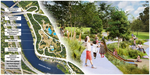 A map of Lemon Hill and a rendering of a new playground planned for part of the park
