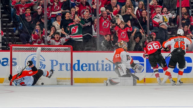 Nico Hischier #13 of the New Jersey Devils skates during the third period of the game against the Philadelphia Flyers on October 1, 2026, at the Prudential Center in Newark, New Jersey. 