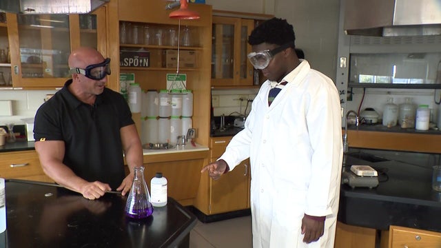 Baldwin High School chemistry teacher Anthony Simonelli and student Jojo Yawson 