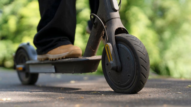Person rides electric scooter on a path surrounded by green trees during daytime 