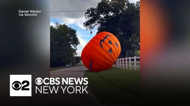 Massive inflatable pumpkin tumbles down road after strong winds