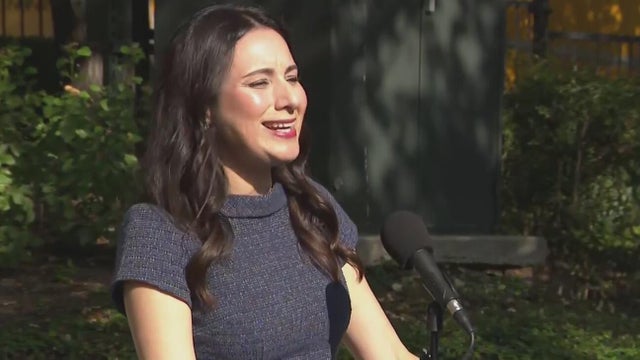 Democratic candidate for governor Gina Hinojosa speaks outside Texas Governor's Mansion