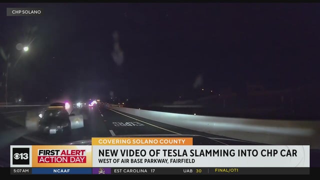 CHP releases video of Tesla crashing into patrol car on I-80