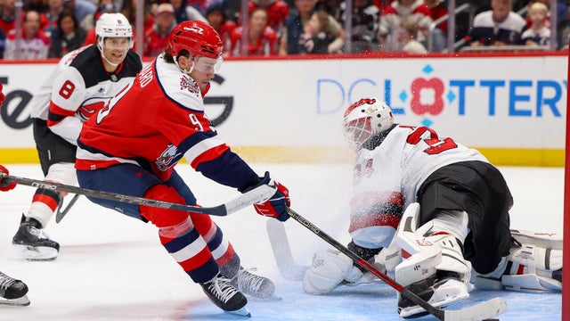 Ryan Leonard #9 of the Washington Capitals scores a goal in the first period during a game against the New Jersey Devils at Capital One Arena on October 17, 2026 in Washington, D.C. 