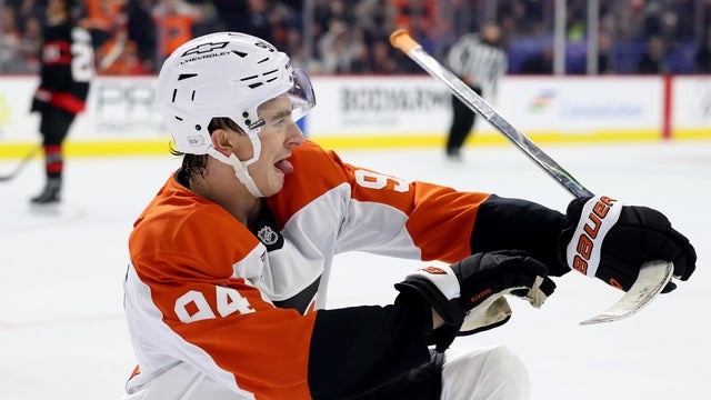 Porter Martone #94 of the Philadelphia Flyers celebrates his goal during the second period against the Ottawa Senators 