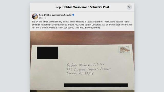 Congresswoman Debbie Wasserman-Schultz targeted by "suspicious envelope" at her Sunrise office