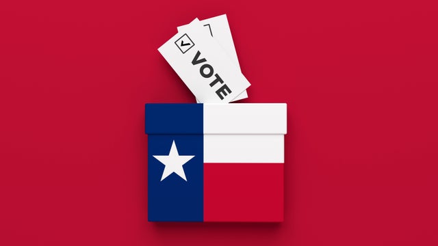 Texas election vote box on red color background. 