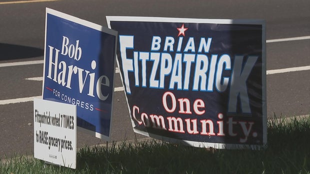 A photo of Bob Harvie and Brian Fitzpatrick signs in Bucks County
