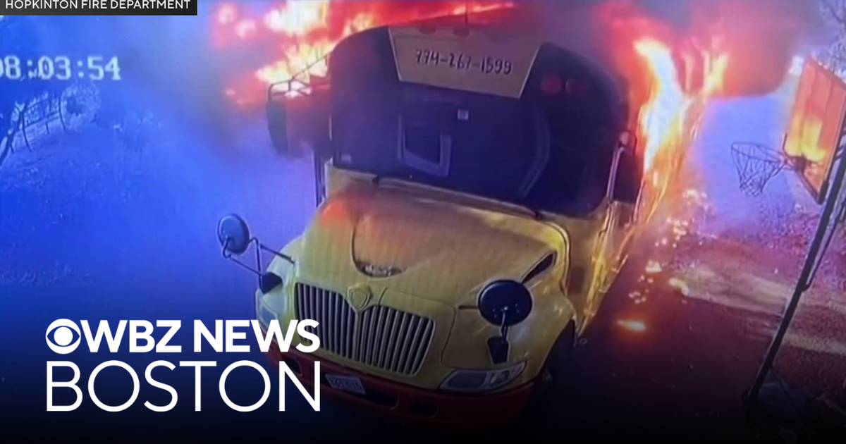 Bus destroyed by fire outside Hopkinton child care center - CBS Boston