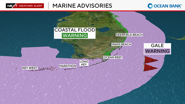 This graphic shows the marine advisories in effect in South Florida on Oct. 26, 2026. CBS News Miami