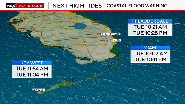 This graphic shows the high tides in South Florida on Tuesday, Oct. 27, 2026. CBS News Miami