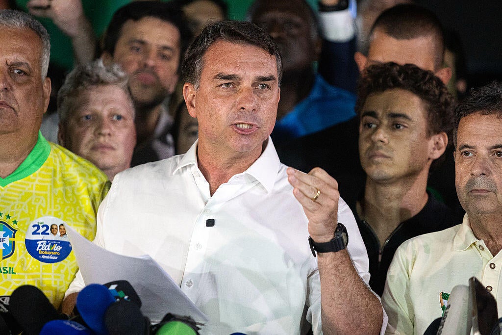 Flávio Bolsonaro, a Brazilian presidential candidate, speaks during a press conference at the Liberal Party camp following the runoff election in Brasilia, Brazil, on Oct. 25, 2026. Arthur Menescal / Bloomberg via Getty Images
