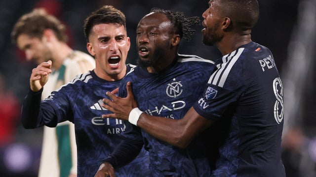 B&eacute;nie Traor&eacute; #9 (C) of New York City FC celebrates with teammates Nicol&aacute;s Fern&aacute;ndez #7 and Andr&eacute;s Perea #8 after scoring their team's second goal during the second half of the MLS match against Atlanta United FC at Citi Field on October 28, 2026 in New York, New York. 