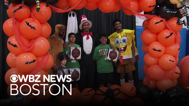 Celtics players in costume surprise kids at Watertown Halloween party