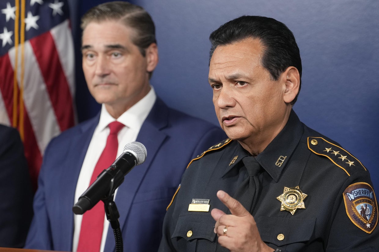 Harris County District Attorney Sean Teare, left, and Harris County Sheriff Ed Gonzalez attend a news conference Oct. 30, 2026, in Houston, announcing the indictment of U.S. Immigr
